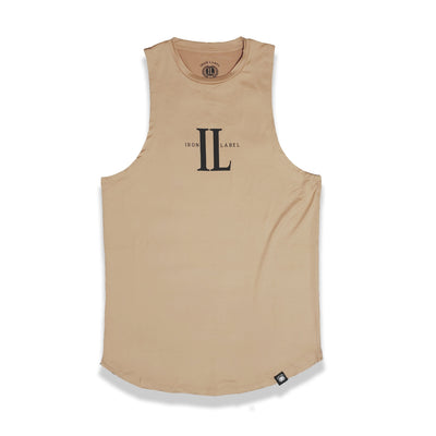 Tank top sand color spandex-polyester fabric allows for movement while maintaining a simple look